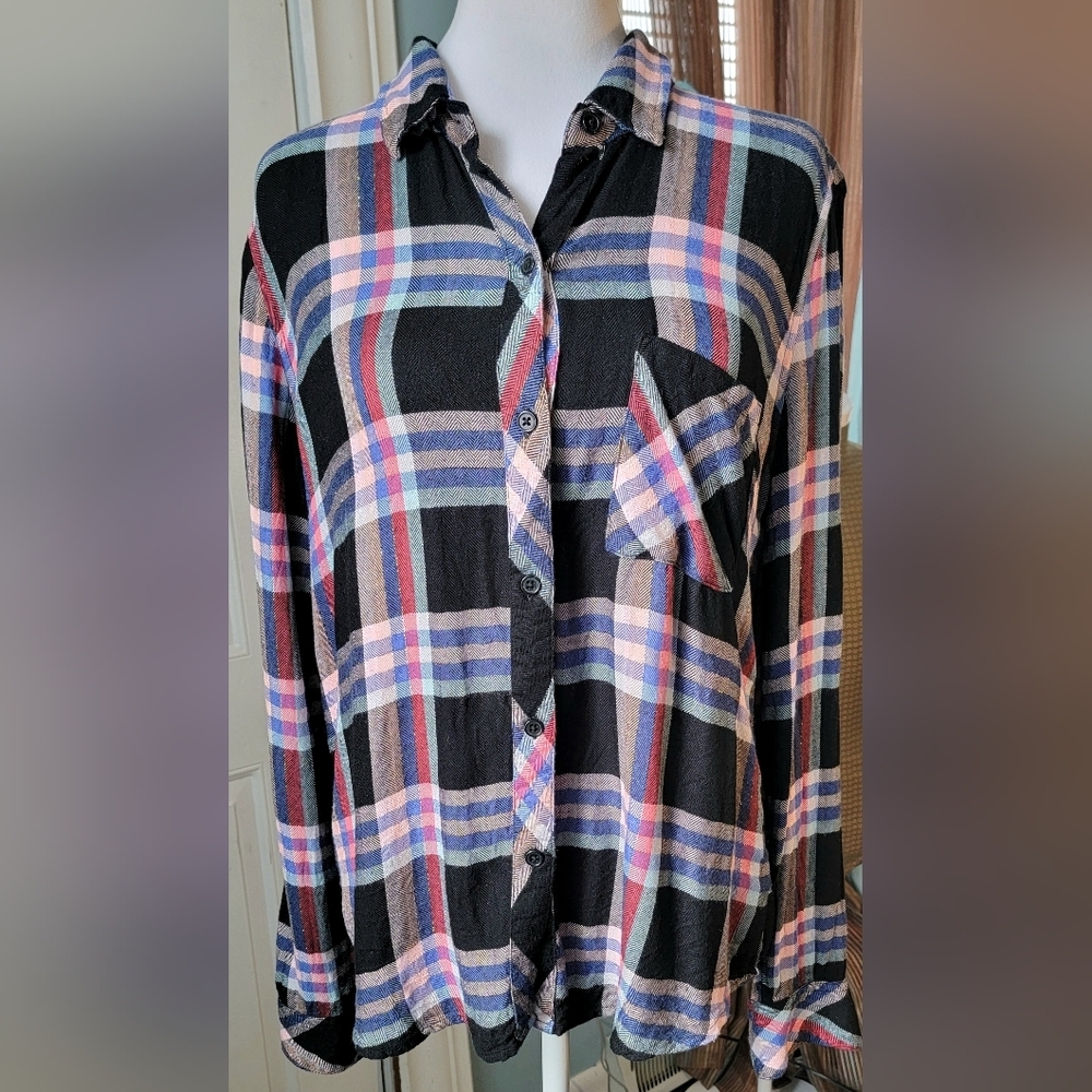 Rails Hunter Button-Down Plaid Top Women's M Black Melon Aqua Gold Relaxed Fit